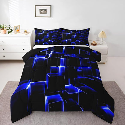 Erosebridal Abstract Comforter Set, Modern Geometric Grid Square Queen Bedding Sets, Blue Black Honeycomb Duvet Insert Soft Microfiber Polyester Bed Set for Kids Boys Bedroom