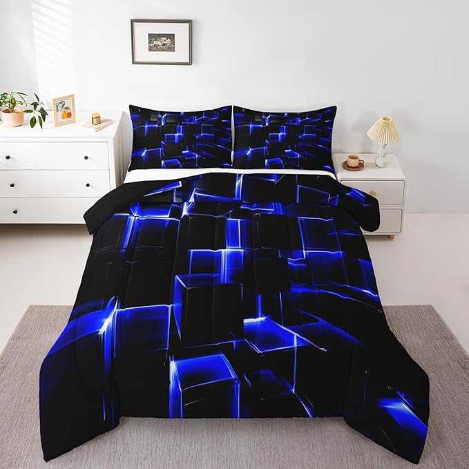 Erosebridal Abstract Comforter Set, Modern Geometric Grid Square King Bedding Sets, Blue Black Honeycomb Duvet Insert Soft Microfiber Polyester Bed Set for Kids Boys Bedroom