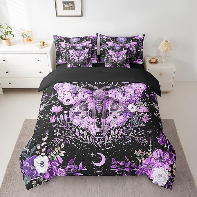 Feelyou Purple Death Moth Bedding Set with Comforter, Boho Moth Comforter King Size 7Pcs Sun Moon Butterfly Bed in a Bag with Comforter, Boho Floral Flat Sheet, Fitted Sheet, Pillowcases Room Decor
