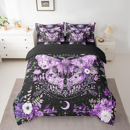 Feelyou Purple Death Moth Bedding Set with Comforter, Boho Moth Comforter Full Size 7Pcs Sun Moon Butterfly Bed in a Bag with Comforter, Boho Floral Flat Sheet, Fitted Sheet, Pillowcases Room Decor