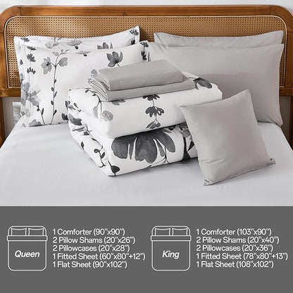 Anibedding 8Pieces Queen Comforter Set, Grey Watercolor Floral Queen Size Bed in a Bag Comforter Set with Pillowcase, Sheets for All Season