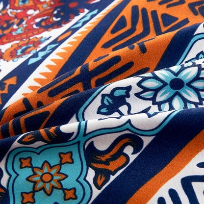 Chezmoi Collection Shore 3-Piece Boho Stripe Queen Comforter Set - Medallion Floral Colorful Navy Blue Orange Red White Bohemian Printed Microfiber Lightweight Bedding Comforter Set