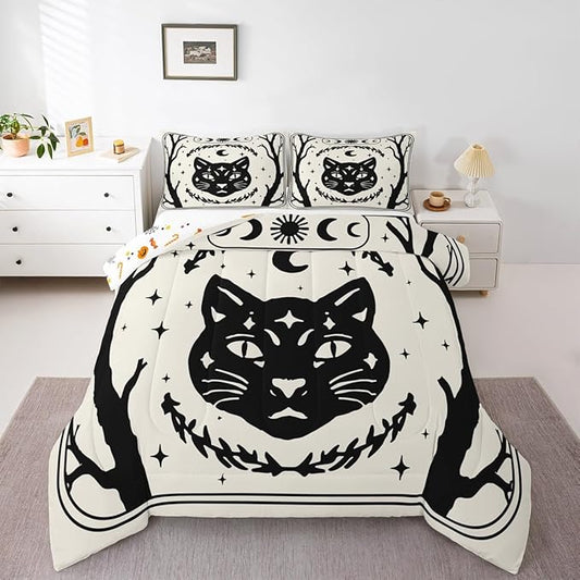 Erosebridal Gothic Cat Comforter Set King, Halloween Cat Decor Bedding Set for Kids Boys Teens Men Gothic Bedroom Decor, Goth Comforter, Sun and Moon Quilt, 3 Piece with 2 Pillowcases