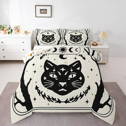 Erosebridal Gothic Cat Comforter Set Queen, Halloween Cat Decor Bedding Set for Kids Boys Teens Men Gothic Bedroom Decor, Goth Comforter, Sun and Moon Quilt, 3 Piece with 2 Pillowcases