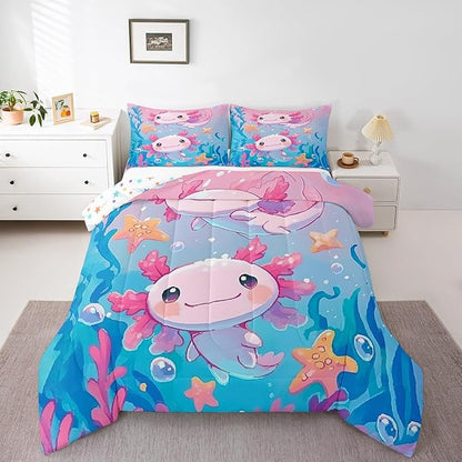 Kawaii Axolotl Kids Bedding Sets Toddler Size,Pink Cute Animal Ocean Sealife Reversible Comforter Set for Bedroom Lovely Cartoon Blue Sea Coral Quilt Set Soft Duvet Insert,1 Pillowcase