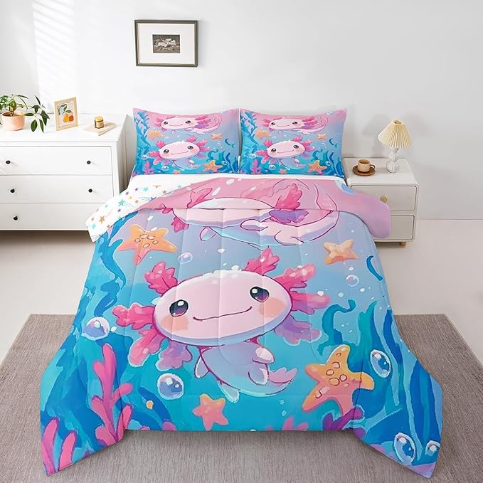 Kids Kawaii Axolotl Bedding Sets Full Size,Pink Cute Animal Ocean Sealife Reversible Comforter Set Breathable Polyester Quilt Set,Lovely Cartoon Blue Sea Coral Duvet Insert,2 Pillowcases