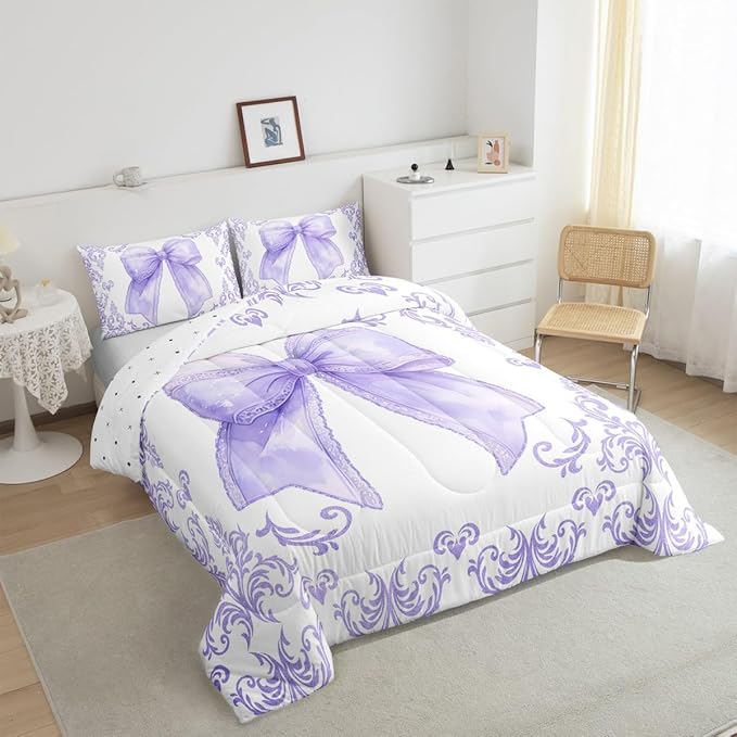 jejeloiu Girls Pretty Ribbon Purple Bow Bedding Set Toddle Size Purple Damask Comforter Set for Kids Women Cute Bow Duvet Set Princess Quilt Set 2Pcs