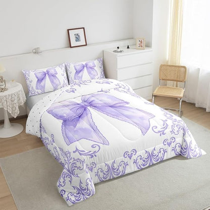 jejeloiu Girls Pretty Ribbon Purple Bow Bedding Set Toddle Size Purple Damask Comforter Set for Kids Women Cute Bow Duvet Set Princess Quilt Set 2Pcs