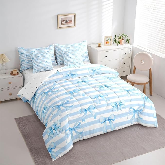 Erosebridal Bowknot Girls White Blue Kawaii Full Comforter Set 7 Pieces | Cute Bow Bed in A Bag for Bedroom Geometric Bedding Set with Comforters Stripe Room Decor