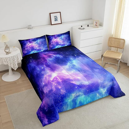 Erosebridal Purple Galaxy Bedding Down Comforter Set Kids Teens Girls Boys Starry Sky Space Universe Star Design Comforter Set,Soft Home Decorative 3 Pcs Bedding Set with 2 Pillowcases,Full Size