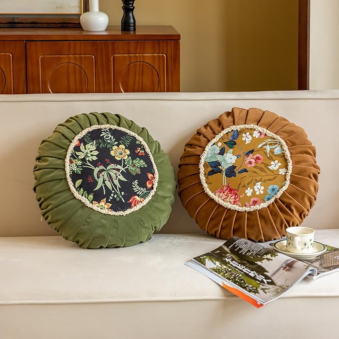 vctops Round Throw Pillow with Zipper Vintage Spring Floral Pillow Cushion Soft Velvet Pleated Throw Pillows for Couch Chair Bed Car (Green,18")