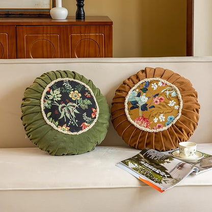 vctops Round Throw Pillow with Zipper Vintage Spring Floral Pillow Cushion Soft Velvet Pleated Throw Pillows for Couch Chair Bed Car (Orange,18")