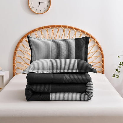 WONGS BEDDING Black Comforter Set Full, Reversible Black Grey Stripe Down Alternative Comforter for All Season,3 Pieces(1 Patchwork Comforter+2 Pillowcases), Soft Microfiber Bedding Set 78”×90”
