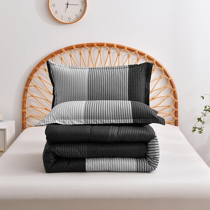 WONGS BEDDING Black Comforter Twin, Black Grey Striped Patchwork Down Alternative Comforter Set for Twin Bed, 2 Pieces(1 Comforter+1 Pillowcase), Soft Microfiber Bedding Duvet Insert 68"×86"