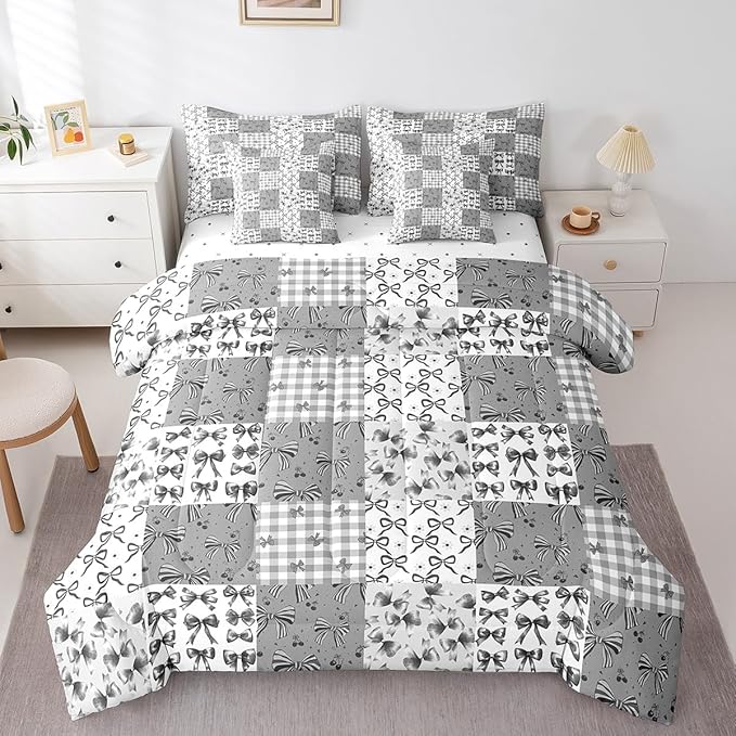 Feelyou Grey Bow Comforter Set with Sheets King Size Kids Bowknot Plaid 7 Pieces Bedding Set for Boys Girls Teens Gift for Girls Women Grid Bed in a Bag Breathable Princess Décor Bed Set