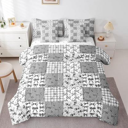 Feelyou Grey Bow Comforter Set with Sheets Twin Size Kids Bowknot Plaid 7 Pieces Bedding Set for Boys Girls Teens Gift for Girls Women Grid Bed in a Bag Breathable Princess Décor Bed Set