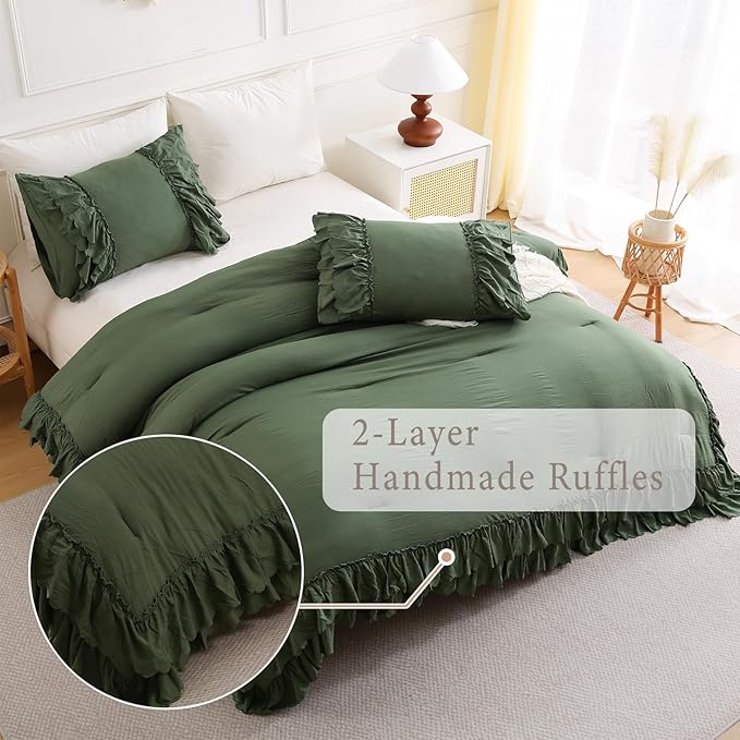 Herside Olive Green Ruffle Comforter Set King Size,Shabby Chic Boho Bedding Sets, Soft Fluffy Comforters Sets for All Season,Vintage Ruffled 3 Pcs Microfiber Lightweight Quilt Set for Women Girls