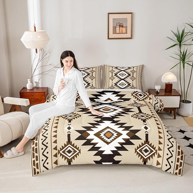Feelyou Beige Brown Western Bedding Set Queen Size Southwestern Aztec Comforter Set Country Tribal Native American Rustic Duvet Quilt