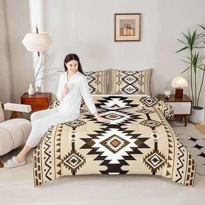 Feelyou Beige Brown Western Bedding Set King Size Southwestern Aztec Comforter Set Country Tribal Native American Rustic Duvet Quilt