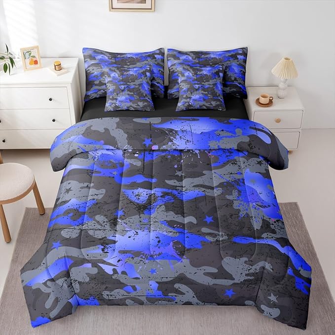 Erosebridal Stars King Comforter Set Graffiti 7-Piece Bed in A Bag Ink Splash Camouflage Watercolor Sheets and Pillowcases Grey Blue Bed Sets