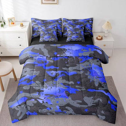 Erosebridal Stars King Comforter Set Graffiti 7-Piece Bed in A Bag Ink Splash Camouflage Watercolor Sheets and Pillowcases Grey Blue Bed Sets