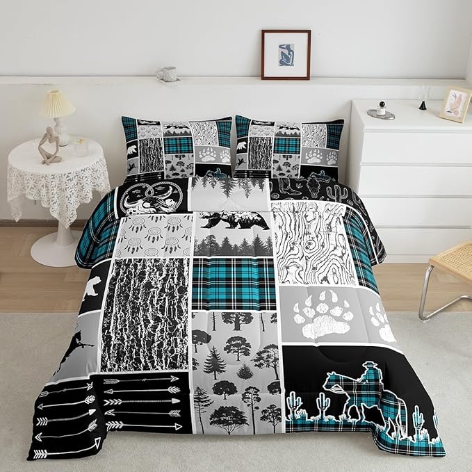 Erosebridal Western Bedding Full Size,Farmhouse Horse Cowboy Comforter Set Cabin Decor,Retro Mint Green Plaid Grid Quilt Western Bed Set,Wild Animals Paw Arrow Hunting Theme Duvet Insert