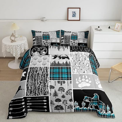 Erosebridal Western Bedding Queen Size,Farmhouse Horse Cowboy Comforter Set Cabin Decor,Retro Mint Green Plaid Grid Quilt Western Bed Set,Wild Animals Paw Arrow Hunting Theme Duvet Insert