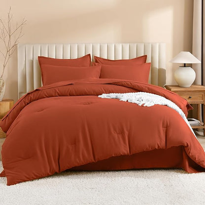Litanika Burnt Orange Comforter King Size Set - 7 Pieces Terracotta Bed in a Bag King Bedding Comforter Sets, Plain Lightweight Bed Set with Comforter, Sheets, Pillowcases & Shams
