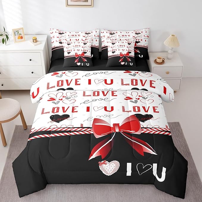 Feelyou Twin Size Valentine's Day Comforter Set with Sheets Boys Girls Red Bowknot 7 Piece Bedding Set for Adult Women Men Love Theme Bed in a Bag Black White Bed Set