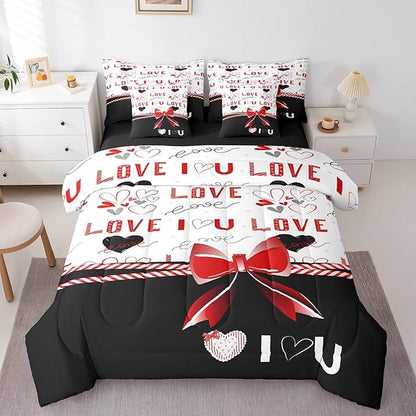 Feelyou Twin Size Valentine's Day Comforter Set with Sheets Boys Girls Red Bowknot 7 Piece Bedding Set for Adult Women Men Love Theme Bed in a Bag Black White Bed Set