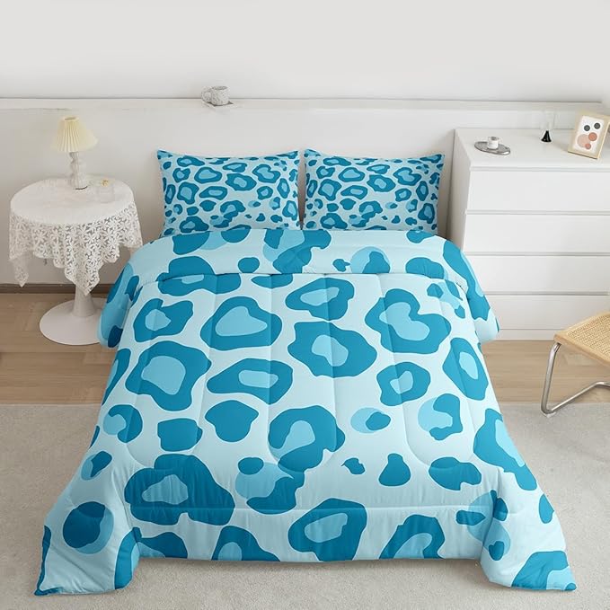 Erosebridal Blue Leopard Twin Comforter Set for Kids Boys Girls,African Cheetah Print Bedding Set,Farmhouse Rustic Duvet Insert,Wild Animal Skin Bed Set for All Season