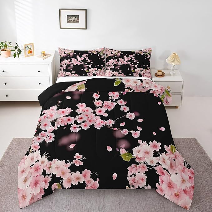 Erosebridal Cherry Blossoms Comforter Set,Japanese Style Duvet Insert Girls Woman Nature Plant Flower Floral Down Alternative,Decor 3Pcs Bedding Set (1 Quilted Duvet 2 Pillow Shams) King,Pink Black