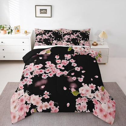 Erosebridal Cherry Blossoms Comforter Set,Japanese Style Duvet Insert Girls Woman Nature Plant Flower Floral Down Alternative,Decor 3Pcs Bedding Set (1 Quilted Duvet 2 Pillow Shams) Full,Pink Black