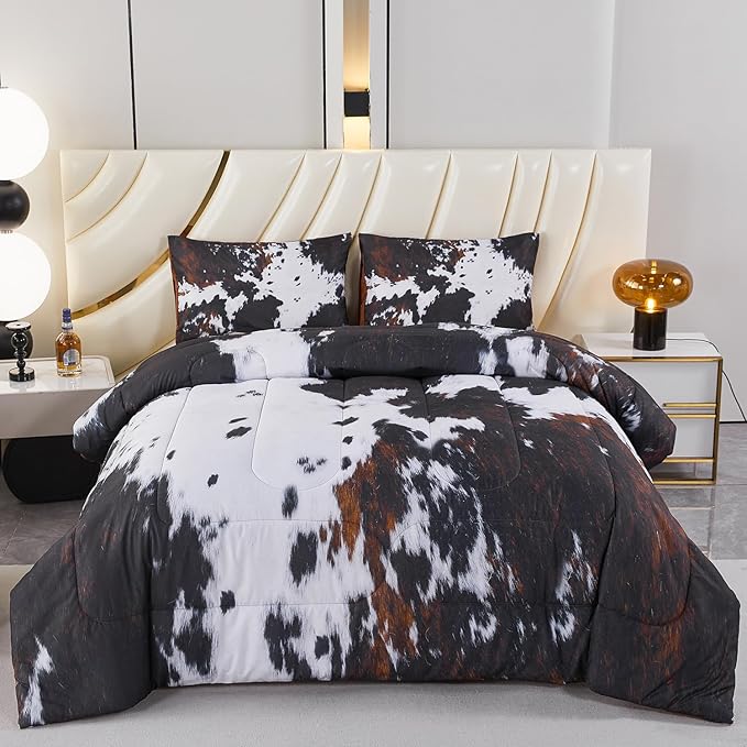 PERFEMET Full Size Comforter Sets 3 Pieces, Western Cow Fur Print Bedding Set, Farmhouse Rustic Black and White Bed Set, Cute Animal Cowhide Comforter Set for Bedroom Decoration