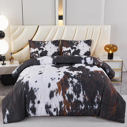 PERFEMET Full Size Comforter Sets 3 Pieces, Western Cow Fur Print Bedding Set, Farmhouse Rustic Black and White Bed Set, Cute Animal Cowhide Comforter Set for Bedroom Decoration
