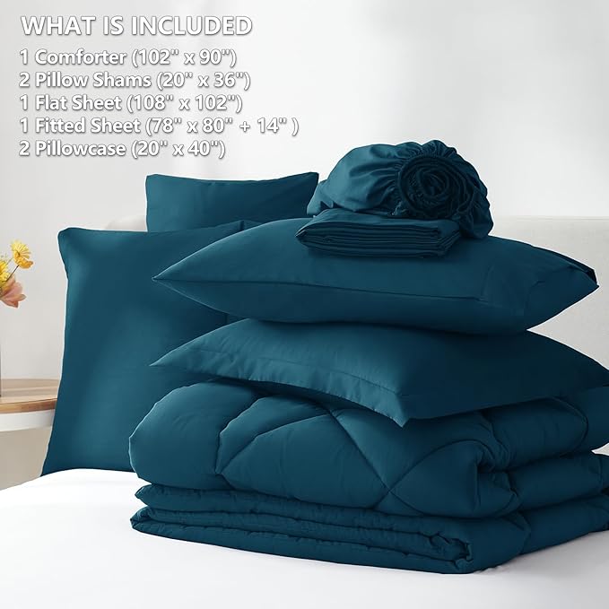 CozyLux King Size Comforter Set Lyons Blue - 7 Pieces Bed in a Bag King, Luxury Soft Bed Set for All Seasons, Bedding Set with Down Alternative Comforter, Sheets, Pillowcases & Shams