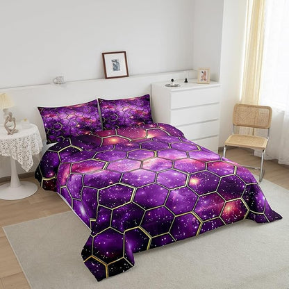 Manfei Purple Galaxy Comforter Set King Size, Geometric Hexagon Print Bedding Set 3pcs, Starry Sky Honeycomb Space Down Comforter for All Season, Kids Boys Girls Room Decor, 2 Pillowcases