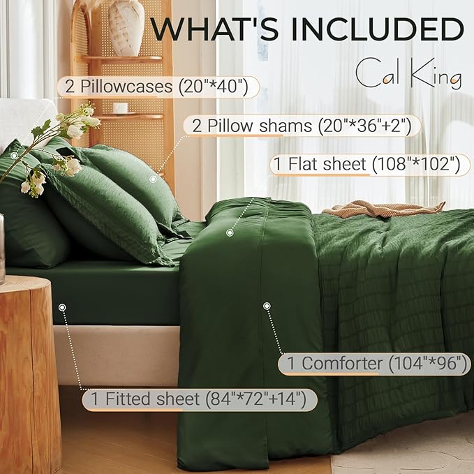 MUXHOMO 7 Pieces California King Comforter Set, Seersucker Bed in a Bag Cal King Size, All Season Luxury Bedding Set with Comforter, Flat Sheet, Fitted Sheet, Pillowcases & Shams, Dark Green