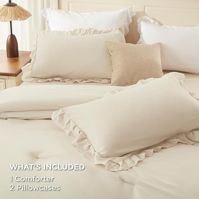 Andency Beige Queen Comforter Set, 3 Pieces Soft Lightweight Fluffy Solid Ruffle Bedding Comforter Sets, All Season Farmhouse Shabby Chic Comforter for Queen Size Bed (Beige, 90x90Inch)
