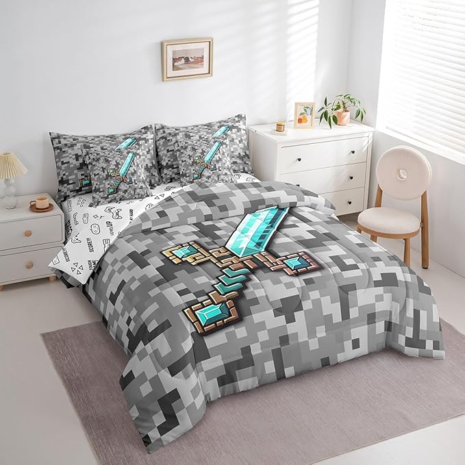 Cartoon Sword 7Pcs Comforter Set Queen Size,Pixelated Themed Games Bedding Set,Blue Sandbox Block Fitted Flat Sheet for Kids Boys Teens Men Room Decor,Grey Check Camo 2 Throw Pillow,2 Pillowcases