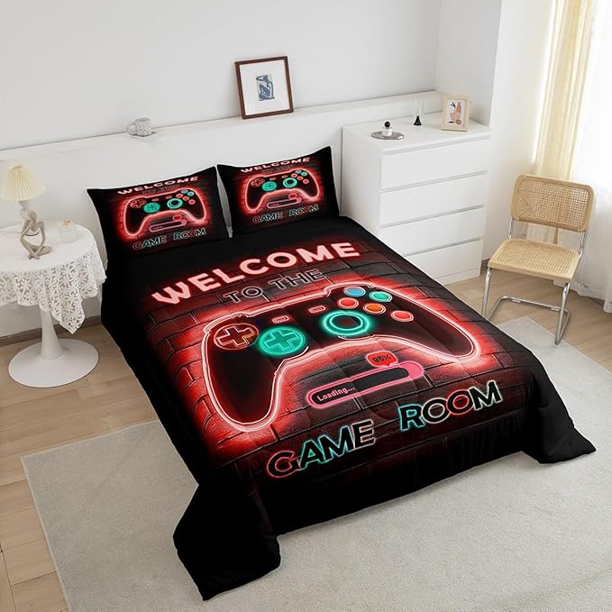jejeloiu Red Gamer Gaming Bedding Set Toddle Size for Boys Game Console Comforter Set Kids Teens Neon Light Duvet Set Cool Game Room Decor Quilt Set 2Pcs