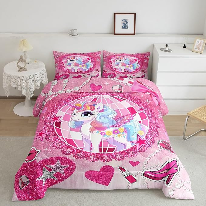 Cartoon Unicorn Kids Comforter Set King Size,Bowknot High-heeled Shoes Lip Romantic Bedding Set,Girls Women Room Decor,Stars Sparkling Princess Down Comforter,Pink Cute Duvet Insert,2 Pillowcases