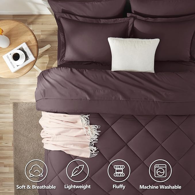 CozyLux Full Size Comforter Sets Cocoa Powder - 7 Pieces Bed in a Bag Full, Luxury Soft Bed Set for All Seasons, Bedding Set with Down Alternative Comforter, Sheets, Pillowcases & Shams