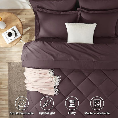 CozyLux Queen Comforter Set Cocoa Powder - Bed in a Bag Queen Size 7 Pieces, Luxury Soft Bed Set for All Seasons, Bedding Set with Down Alternative Comforter, Sheets, Pillowcases & Shams