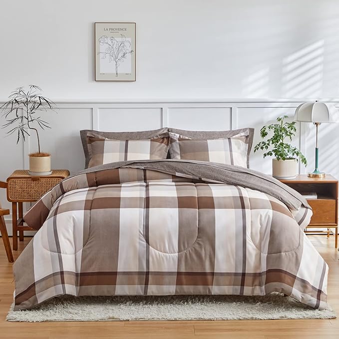 AIKASY Bed in a Bag 6 Piece Twin Size, Brown Plaid Design Soft Microfiber Reversible Bed Comforter Set for All Season(1 Comforter, 1 Flat Sheet, 1 Fitted Sheet, 2 Pillow Shams, 1 Pillowcase)