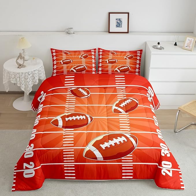 Feelyou Rugby Comforter Set Queen Size Football Comforter for Boys Girls Teens Sports Games Bedding Set Soccer Ball Game Duvet Set Room Decor Dark Orange Quilt Set