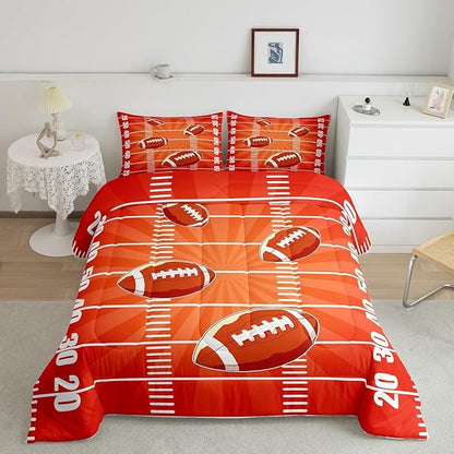 Feelyou Rugby Comforter Set King Size Football Comforter for Boys Girls Teens Sports Games Bedding Set Soccer Ball Game Duvet Set Room Decor Dark Orange Quilt Set