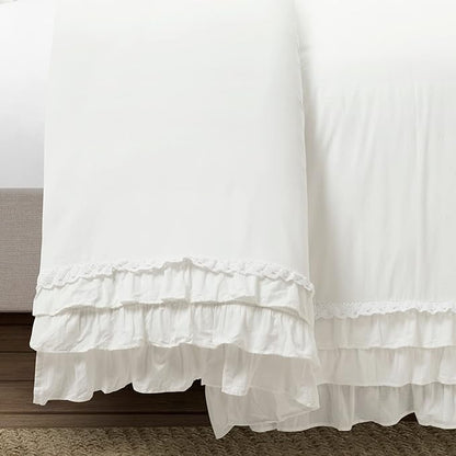 Lush Decor Ella Ruffle Lace 100% Cotton Duvet Cover, 3 Piece Set, King, White - Cute Duvet - King Bedding Set - Gray Bedding - Coquette Decor - Ruffle Trim - White Lace Trim