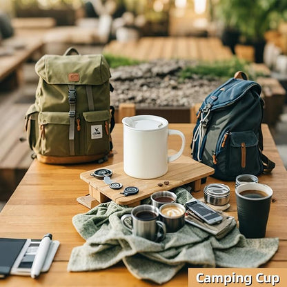 12oz Insulated Camping Coffee Mug with Lid & Handle, Double Wall Stainless Steel Vacuum Travel Coffee Cup, Reusable Tumbler for Home Office Camping - White