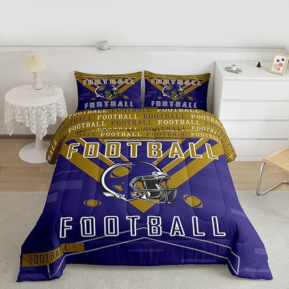 Feelyou Football Bedding Set Boys Girls King Size Women Men Rugby Sports Comforter Football City Duvet Quilt Purple Brown Room Decor Breathable Soft Microfiber Lightweight